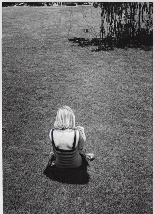 Image similar to woman at lawn, polaroid photography in style of andrey tarkovski, 35mm, film photo