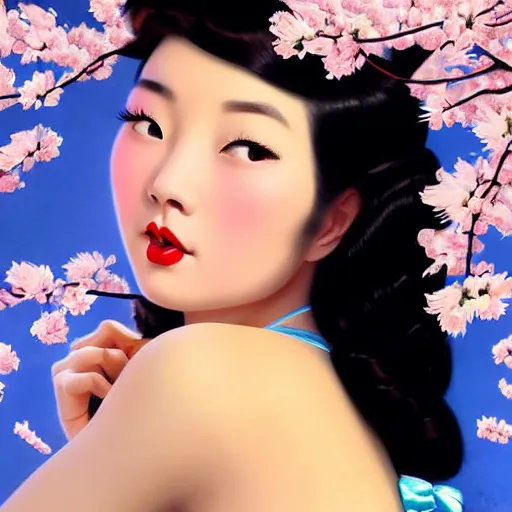 Prompt: pin - up portrait of a beautiful young traditional korean woman, pretty long hair, cherry blossoms, intense flirting, showing curves, symmetrical face, digital art, smooth, extremely detailed, model pose, intense look, dream, gorgeous young model, traditional beauty, pretty, by wu bayard, by gil elvgren, by ralph horsley, by hanks steve