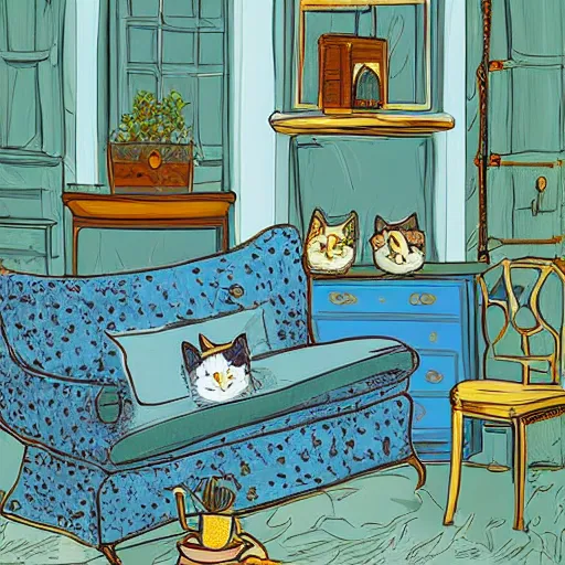 Image similar to a very very very very detailed digital art of Cute singular Cat in Provence style Room,