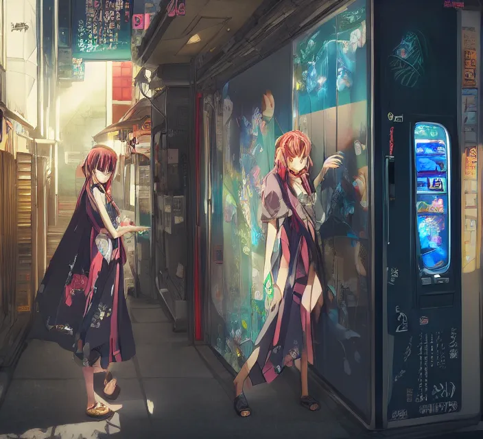 Image similar to Two beautiful anime women, standing in front of a vending machine outside of a Japanese convenience store, in a narrow Tokyo alleyway, gorgeous sunlight and shadows, D&D, fantasy, highly detailed, digital painting, artstation, concept art, sharp focus, illustration, in style of GUWEIZ and WLOP and NIXEU and Craig Mullins