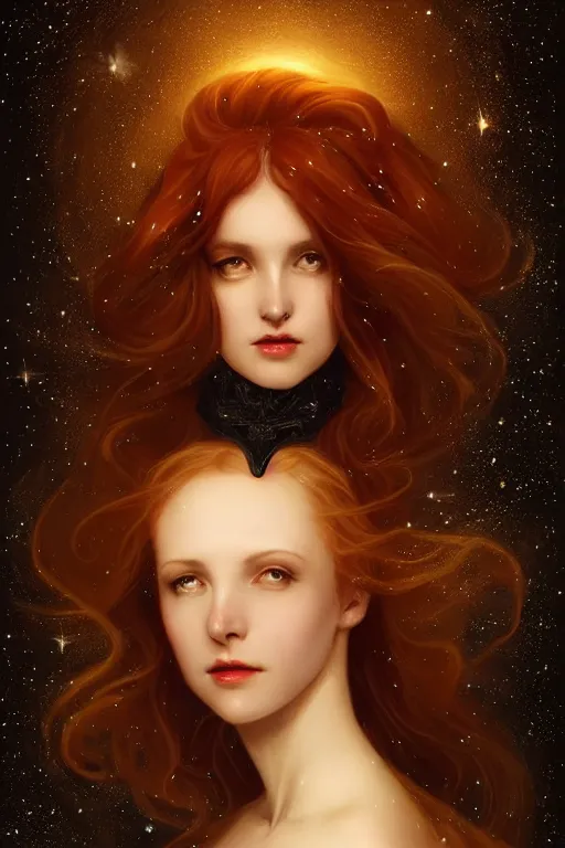 Image similar to Nocturne, glowing, stars, a long-legged occultist woman, long auburn hair, choker, highly detailed, mysterious, ethereal, dressed in black, sigils, haute couture, illustration, dramatic lighting, soft details, painting, by Edmund Blair Leighton, Brom, Charlie Bowater, trending on artstation, faces by otto schmidt