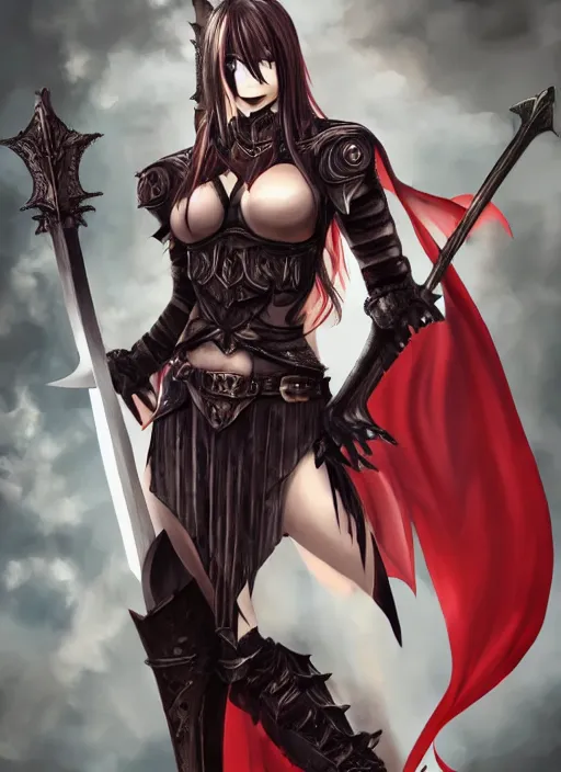 Prompt: full - body portrait, female vampire knight holding a large greatsword, lean, muscular, bat wings, roman gladiator sandals, historical heavy plate armor, metal mask, enchanting, elegant, seductive smile, ghostblade, wlop, modern fantasy, realistic proportions, modest clothing.