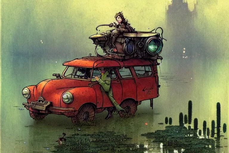 Image similar to adventurer ( ( ( ( ( 1 9 5 0 s retro future robot mouse wagon vehical home. muted colors. swamp. water lilies ) ) ) ) ) by jean baptiste monge!!!!!!!!!!!!!!!!!!!!!!!!! chrome red