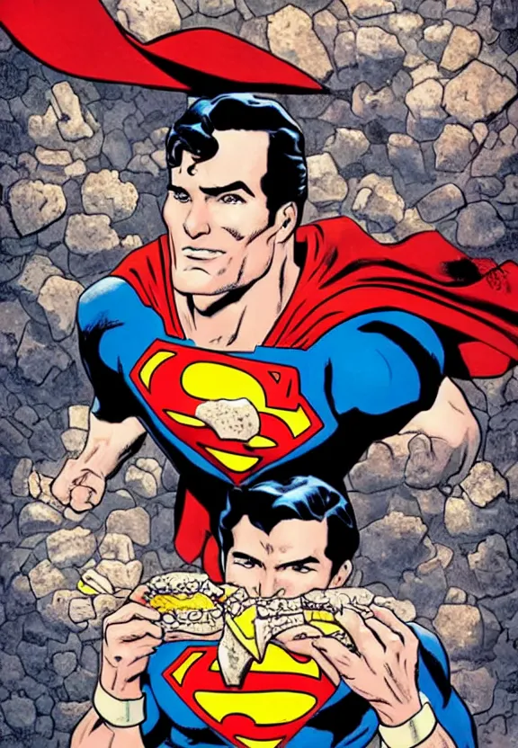 Prompt: superman eating a hamburger in his fortress of solitude