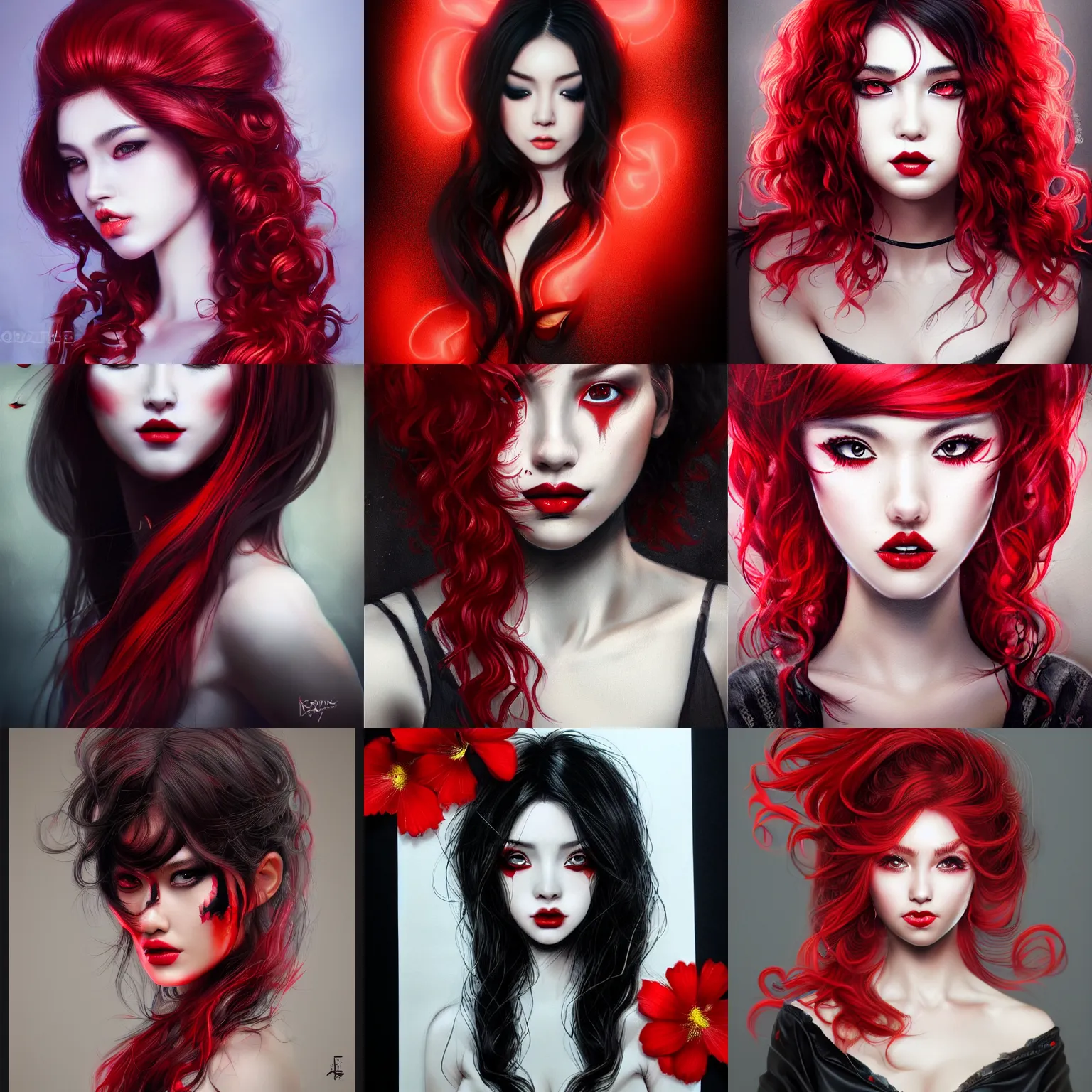 Prompt: a realistic illustration portrait of a beautiful kazumi squirts with curly black and red hair, black eyeliner, trending on artstation, hyper - realistic lighting, intricate, ross tran