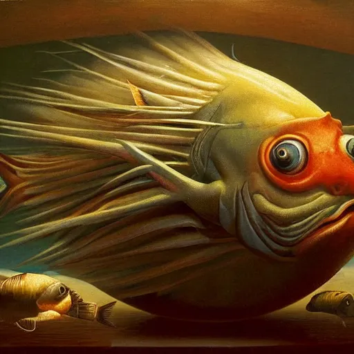 Image similar to a fish on the top of a pile of fish, inside a cooking pot, side view, by vladimir kush, dystopian aer, rococo