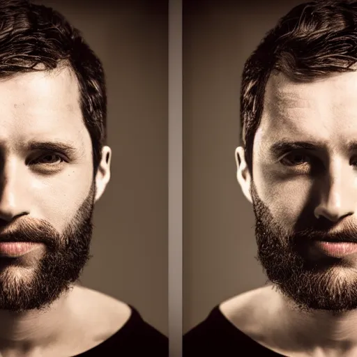 Prompt: A 4x5 color portrait styled double exposure of a man staring into the camera, shallow depth of field, bokeh, vibrant, studio lighting, full color, high contrast