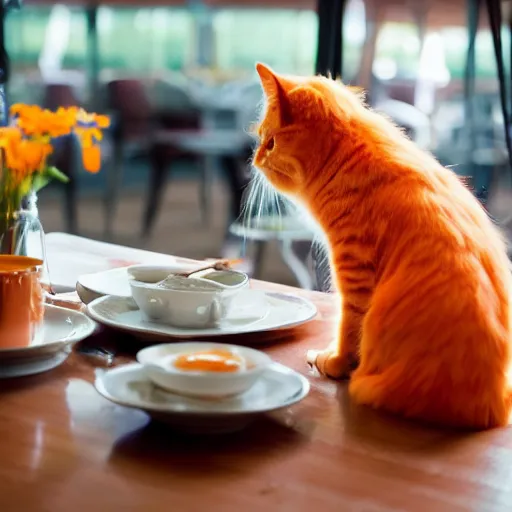 Prompt: a fluffy orange cat eating breakfast at a diner, 4k.