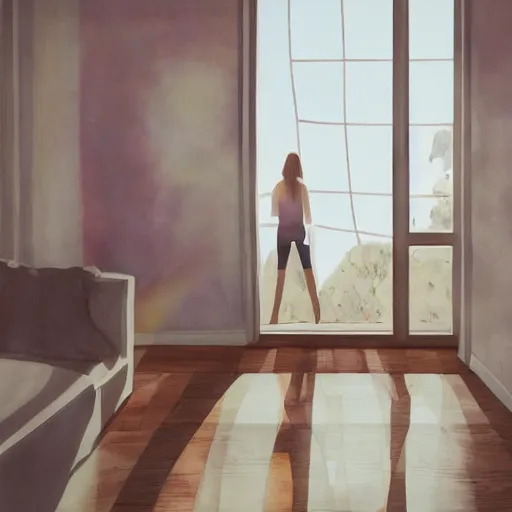 Image similar to person in pyjamas standing near window, sun rays, daylight, big french door window, big spatious room, 2 4 mm, wooden floor, modern, pastel palette, winter sun, photorealistic, high ceiling, watercolor painting