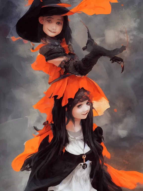 Image similar to Full shot of a mischievous young witch with a cute smile about to get up to some trouble. Latin inspired fashion. Black and Orange palette. Latina girl. From Encanto. By Ruan Jia and Artgerm and Range Murata and WLOP and CLAMP and Loish. Key Art. Fantasy Illustration. award winning, Artstation, intricate details, realistic, Hyperdetailed, 8k resolution.