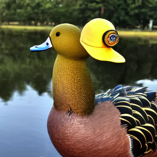 Prompt: real duck with sunglasses on and a gold chain, with backwards hat on, holding a mic in his feathers about to start rapping, next to a pond, 8k