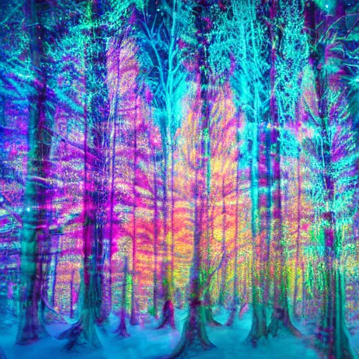 Prompt: double exposure of a white snowy forest and a colorful hologram city