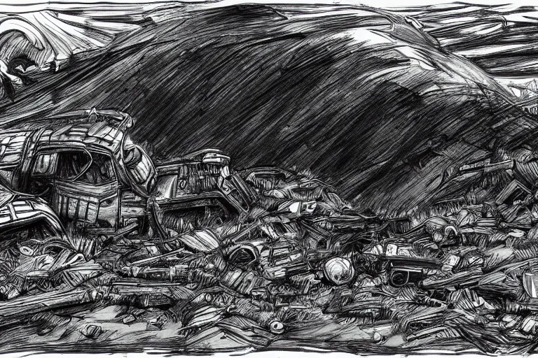Prompt: dark black and white drawing of a wasteland scavenger