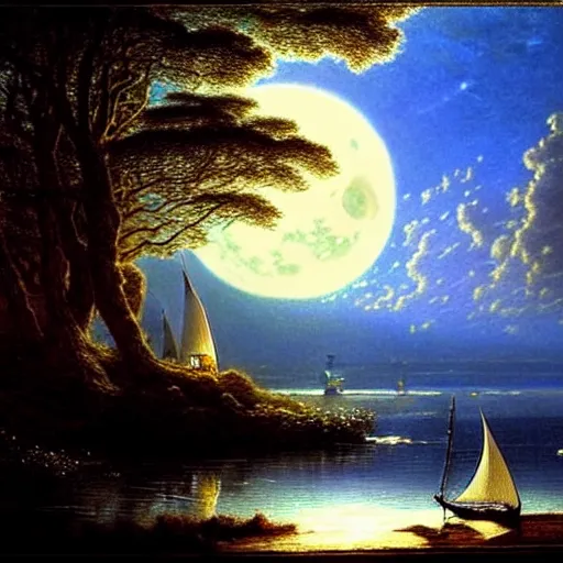 Image similar to an elegant fairy queen in a blue lace dress dancing looking out at a lord of the rings scenery landscape, staring across the sea at a white timber sail boat, evening, god's rays highly detailed, vivid colour, soft clouds, full moon, cinematic lighting, perfect composition, gustave dore, derek zabrocki, greg rutkowski, belsinski