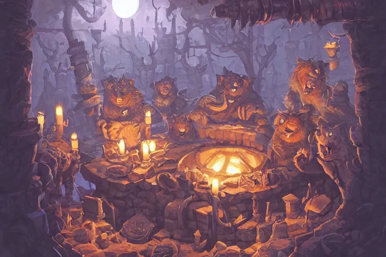 Image similar to point perspective dungeon dangerous fantasy dungeon the chubby werewolf merchant Trinn is selling fuzzy candles,by artgerm and Craig Mullins, James Jean, Andrey Ryabovichev, Mark Simonetti and Peter Morbacher 16k