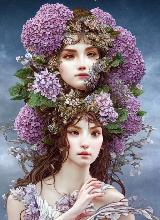 Image similar to a photographic portrait of a anthropomorphic hydrangea blossom goddess spirit, fantasy, wind blowing hair, intricate, elegant, highly detailed, digital painting, artstation, concept art, smooth, sharp focus, illustration, art by artgerm and h r giger and alphonse mucha