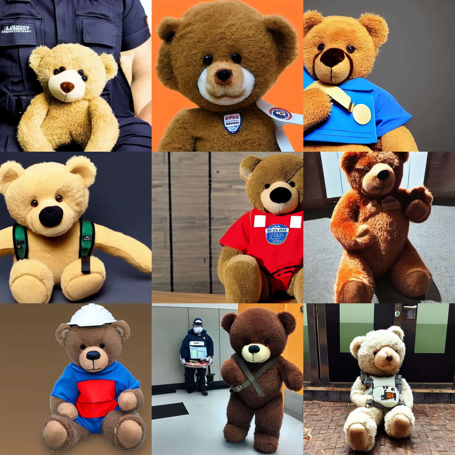 Prompt: a teddy bear in safety uniform