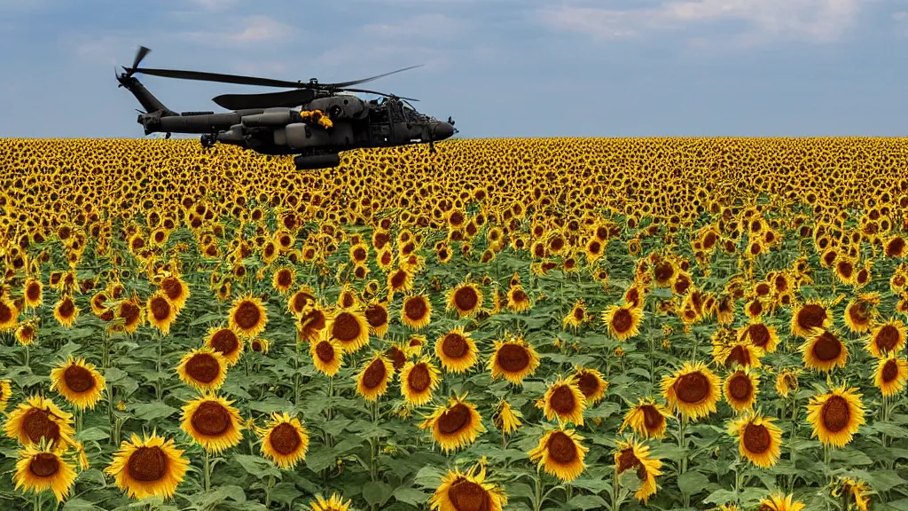 Prompt: An apache helicopter landing in a field of sunflowers
