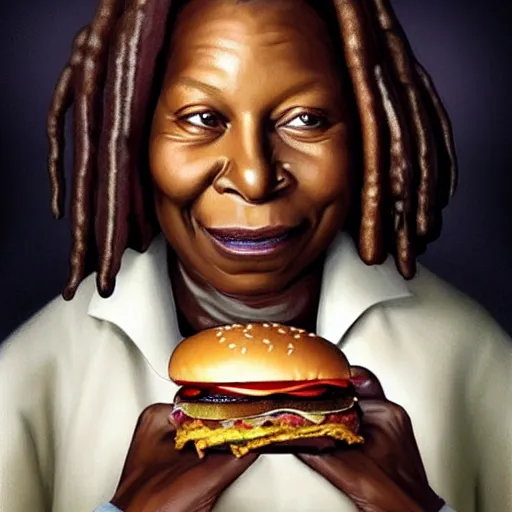 Prompt: portrait of Whoopi Goldberg eating hamburgers, extra onions and ketchup, luscious patty with sesame seeds, ethereal, holy sacred light rays, handsome, D&D, fantasy, intricate, elegant, highly detailed, digital painting, artstation, concept art, matte, sharp focus, illustration, art by Artgerm and Greg Rutkowski and Alphonse Mucha