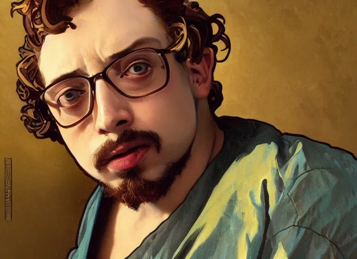 Image similar to Sam Hyde wearing luxuruous hawaiian vintage shirt, rule of thirds, accurately portrayed, portrait art by alphonse mucha and greg rutkowski, highly detailed, digital painting, concept art, illustration, ethereal lighting with twilight rays of sunlight, trending on artstation, very detailed, smooth, sharp focus, octane render, close up