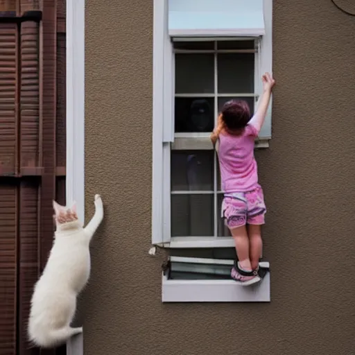 Image similar to a white brown cat preventing a little girl from climbing over a balcony