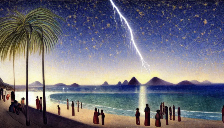 Prompt: a ultradetailed beautiful painting of the night sky of the rio de janeiro palace balustrade designed by tarsila do amaral, jules bastien - lepage, frank weston and gustave baumann, beach, trending on artstation, mediterranean, palm trees, sharp focus, lightning star sparkles refraced lines, soft light, 8 k