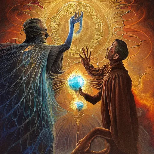 Prompt: The portal master tarot card by Tomasz Alen Kopera and Moebius and salvador dali, impressive perspective, masterpiece