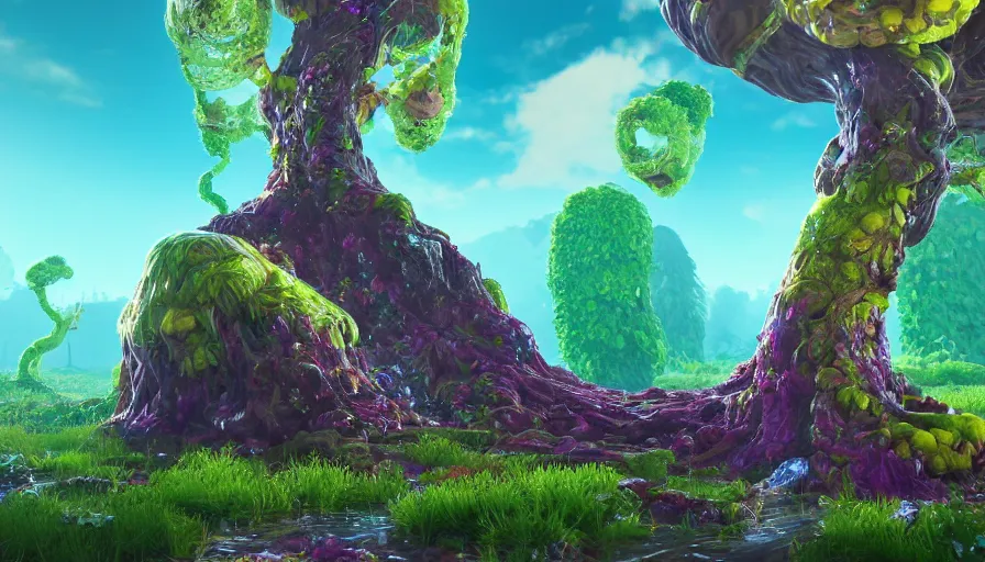 Prompt: A fancy huge slime tree on a magical biome full of oddities, goofy, sparky, full sun, positive vibes, behance, artstation, unreal render, unreal engine 5, octane, smooth, 8k