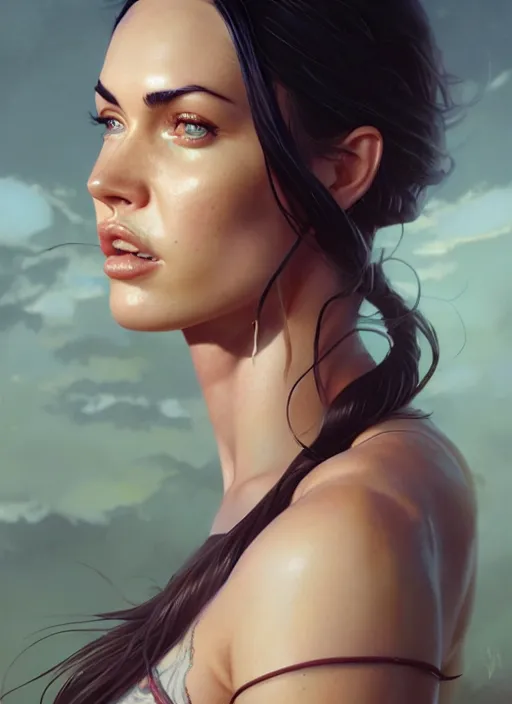 Image similar to Highly detailed portrait of Megan Fox, Stephen Bliss, unreal engine, fantasy art by Greg Rutkowski, Loish, Rhads, Makoto Shinkai and Lois van baarle, ilya kuvshinov, rossdraws, Tom Bagshaw, global illumination, radiant light, detailed and intricate environment