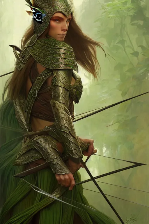 Image similar to male elven Archer armor made of green leaves, fantasy, amber eyes, face, long hair, intricate, elegant, highly detailed, digital painting, artstation, concept art, smooth, sharp focus, illustration, art by artgerm and greg rutkowski and alphonse mucha