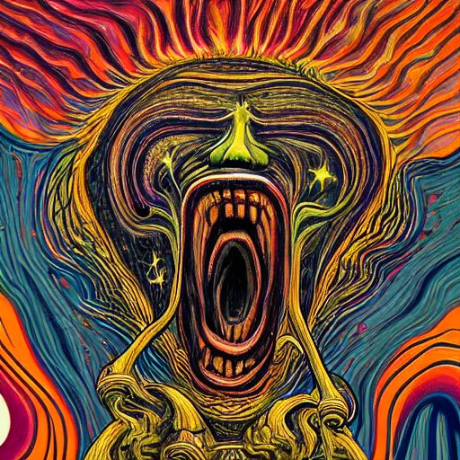 Image similar to a hyper - detailed fine painting of the scream of paranoia and funny pain, cosmic horror psychedelic weird bizarre art