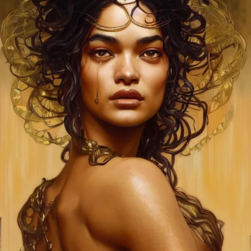 Prompt: Shanina Shaik as Medusa, intricate, elegant, highly detailed, digital painting, artstation, concept art, smooth, sharp focus, illustration, art by artgerm and greg rutkowski and alphonse mucha