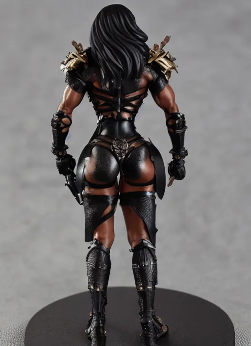 Image similar to 80mm resin detailed miniature of a beautiful muscular black female, clothed in worrier armor, tanned skin, skin head, beautiful bone structure, symmetrical facial features, Product Introduction Photos, 4K, Full body, view from behind