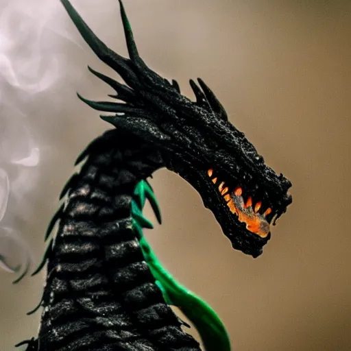 Prompt: black dragon with green underbelly with some smoke coming out of nostrils on a black background