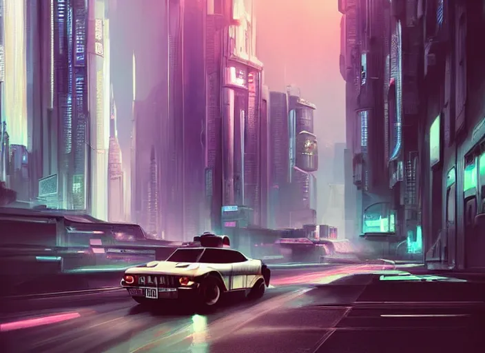 Prompt: a car driving down a street next to tall buildings, cyberpunk art by Vincent Lefevre, cgsociety, retrofuturism, matte painting, reimagined by industrial light and magic