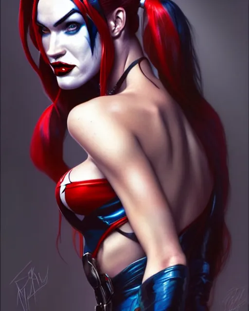 Prompt: portrait of megan fox as harley quinn, dc, comics, joker, intricate, headshot, highly detailed, digital painting, artstation, concept art, sharp focus, cinematic lighting, illustration, art by artgerm and greg rutkowski, alphonse mucha, cgsociety