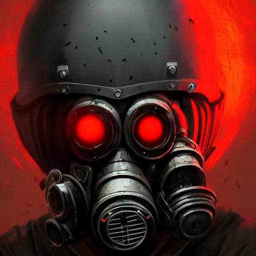 Prompt: portrait of a man wearing a black helmet and a black gas mask,red glowing eyes,digital art,crazy detail,hyperdetailed,hyperrealistic,photorealistic,art by greg rutkowski,trevor henderson,artstation,deviantart,eerie,western comic style,comic