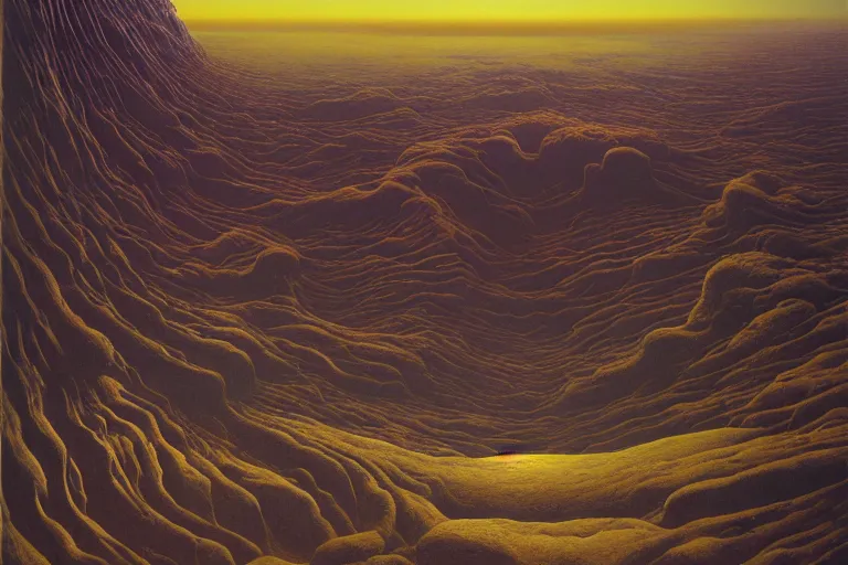 Prompt: a beautiful landscape of an alien planet by zdzisław beksiński, dariusz zawadzki, jeffrey smith and h.r. giger, oil on canvas, 8k highly professionally detailed, trending on artstation