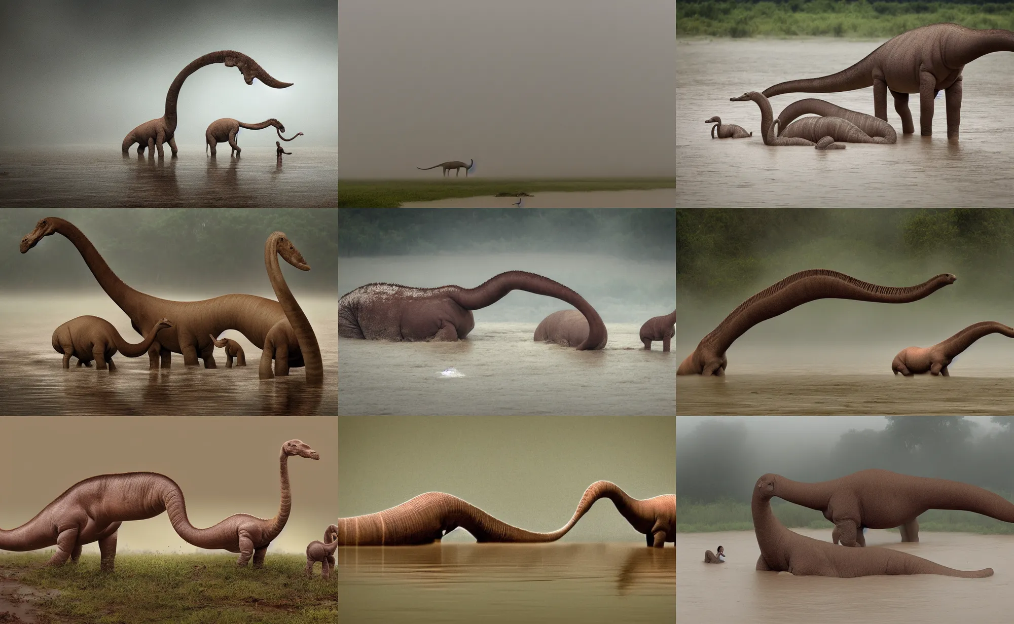 Prompt: nature photography of a brontosaurus and a baby brontosaurus, in flood waters, african savannah, rainfall, muddy embankment, fog, digital photograph, award winning, 5 0 mm, telephoto lens, national geographic, large eyes