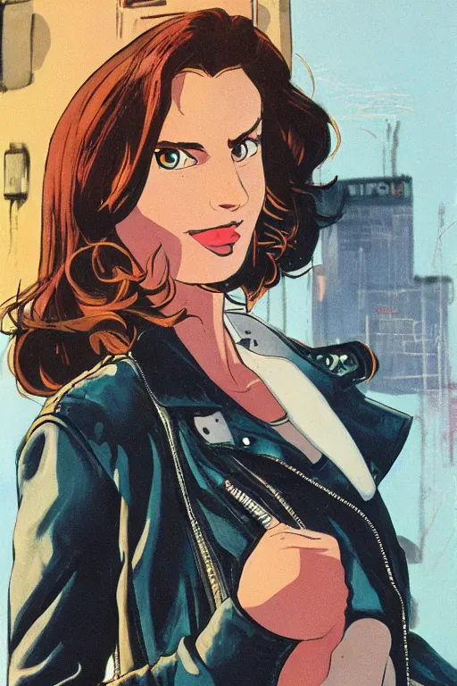 Image similar to portrait of an attractive young female protagonist, center focus, wearing leather jacket, in city street, detailed face, artwork by ralph bakshi