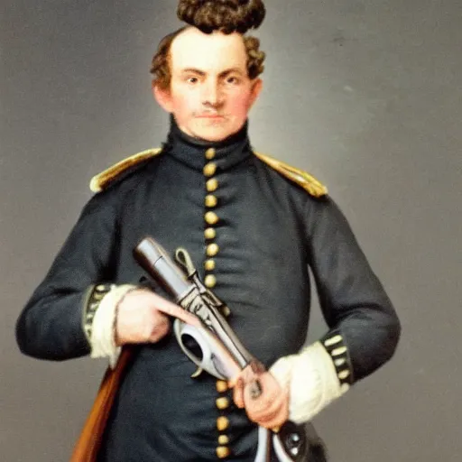 Image similar to 18th century Prussian soldier holding a MP40 submachinegun, award winning portrait photo
