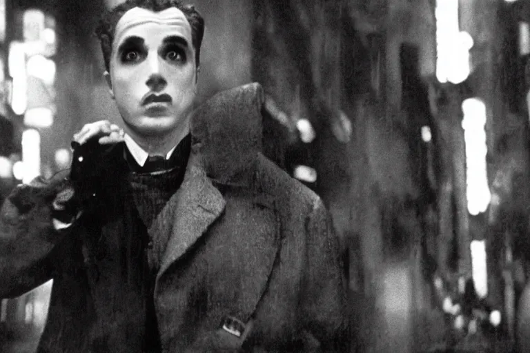 Prompt: Charlie Chaplin as a replicant in Blade Runner, cinematic, cinematic lighting, sci-fi, cyberpunk, 4k