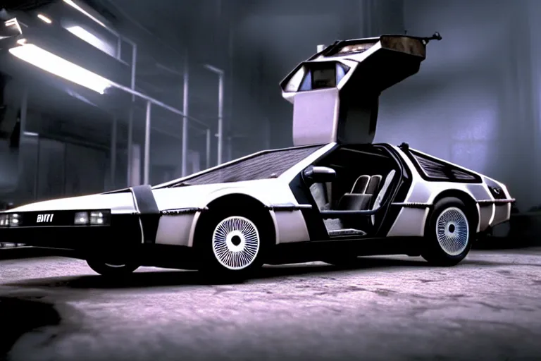 Image similar to photograph of the delorean from back to the future in half life 2, dark room, cinematic, volumetric lighting, hyperdetailed photograph