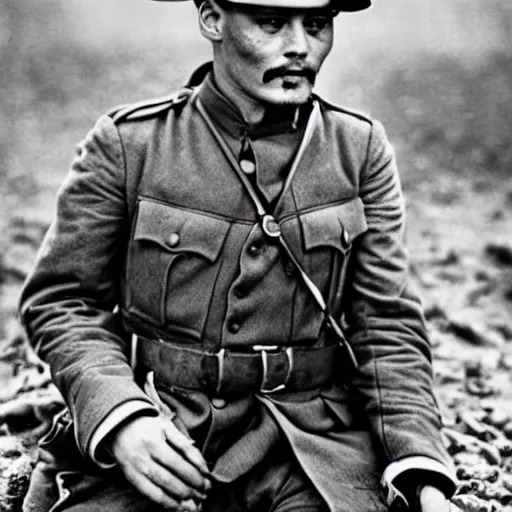Prompt: Johnny depp as a soldier, ww1 trench, war photo, film grain
