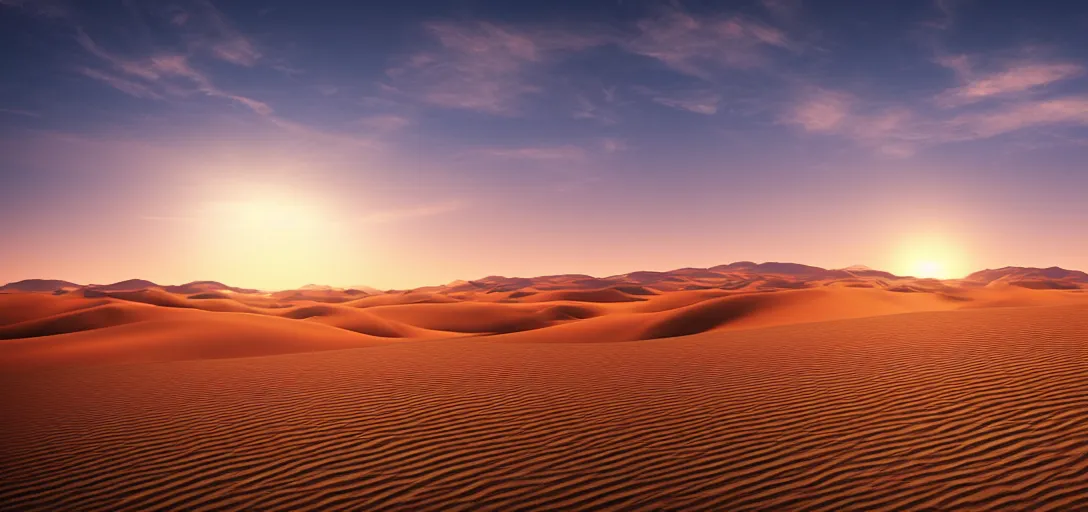 Image similar to epic view of african sand dunes at sunset, clear skies, unreal engine, dramatic lighting, detailed, ambient occlusion, global illumination, god rays, 3 d artstation render by greg rutowski and jessica rossier