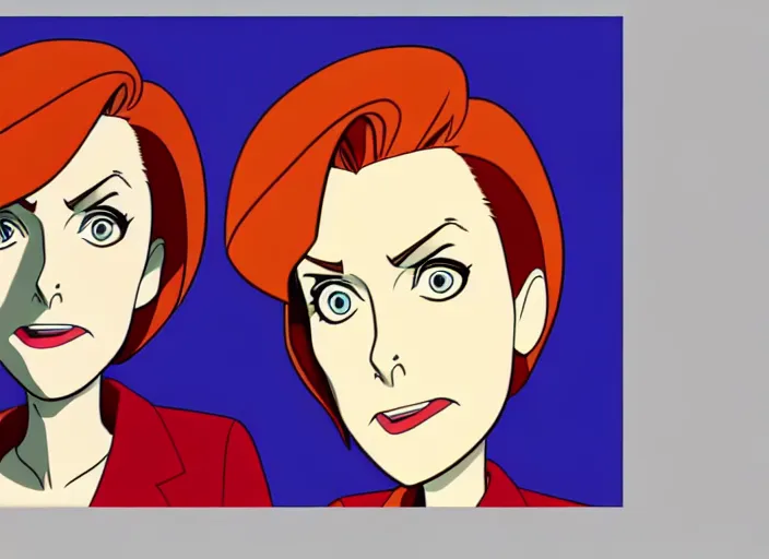 Prompt: a shaded animation cel of dana scully, sharp detail, realistic anatomy, in the style of western cartoons, by filmation, toei animation, studio trigger, studio ghibli, 5 k, artstation trending