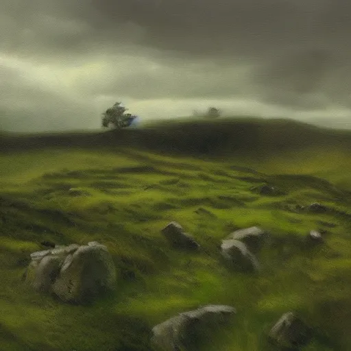 Prompt: verdant grasslands and rocks in slight drizzle, irish homeland, oil painterly style, dawn, old ruined farmhouse, lovecraftian horror monster silhouette