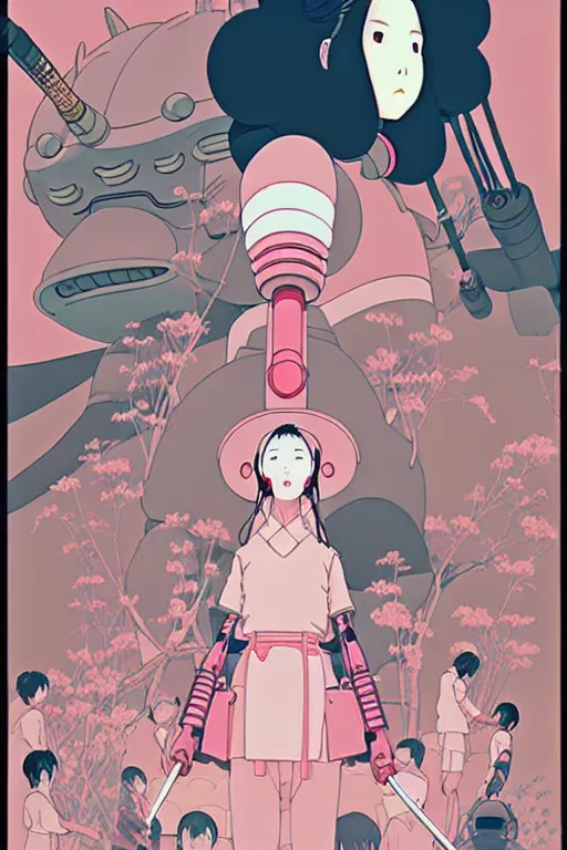 Image similar to Artwork by James Jean, Phil noto and studio ghibli ; (1) a young Japanese future samurai police lady named Yoshimi battles an (1) enormous evil natured carnivorous pink robot on the streets of Tokyo; Japanese shops and neon signage; crowds of people running; Art work by Phil noto and James Jean