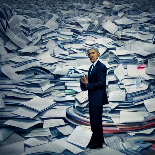 Prompt: obama nervously standing by a mountain of papers, realistic extremely detailed photo style painting, granular detail, holographic krypton ion, octane render, 4 k, f 3 2, 5 5 mm photography, wide angle