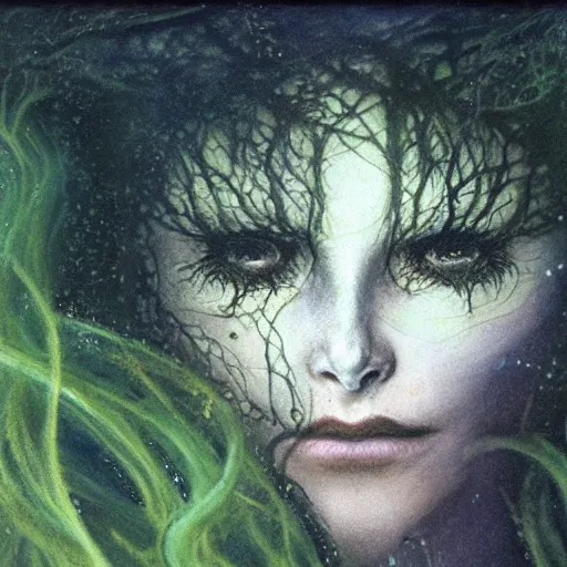 Image similar to smirking rusalka of the blighted swamp, aquiline features, black shimmering hair, by brian froud, cold secondary colors, oil on canvas